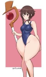 1girls allbeatnik blue_swimsuit blush bottom_heavy breasts brown_hair choker female female_only hair hips holding_object holding_weapon kono_subarashii_sekai_ni_shukufuku_wo! legs megumin neckwear one-piece_swimsuit red_eyes short_hair small_breasts solo solo_female staff swimsuit swimwear thin_waist wide_hips