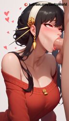 1boy 1girls ahe_gao ai_generated blowjob breasts cum_in_mouth deepthroat electroworld fellatio female heart human male penis sperm spy_x_family upper_body yor_briar yor_forger