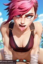 1boy 1girls ahe_gao ahegao_face ai_generated arcane arcane_vi bandage blue_eyes breasts ear_piercing earrings eyebrow_cut female league_of_legends male muscles no_panties omega-weirdo outside outside_sex patreon penis pink_hair pov riot_games sex short_hair sidecut straddling tattoo tongue_out vi