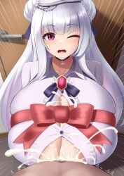 1boy 1girls azur_lane beret blush breasts censored cum cum_between_breasts cum_in_cleavage cum_on_breasts cumming_between_breasts cumming_from_paizuri cumming_in_cleavage cumshot cumshot_in_chest cygnet_(azur_lane) cygnet_(retrofit)_(azur_lane) dark-skinned_male dark_skin double_bun ejaculating_cum ejaculating_in_cleavage ejaculation ejaculation_between_breasts emp_(denjipgre) eyebrows_visible_through_hair hat huge_breasts indoors light_skin looking_at_viewer male_pov mosaic_censoring one_eye_closed paizuri paizuri_flux pink_eye pov retrofit_(azur_lane) royal_navy_(azur_lane) skinship titty_creampie white_hair