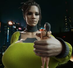 2girls 3d big_breasts breasts cyberpunk_2077 dark-skinned_female dark_skin female female_pred female_prey giantess huge_breasts imminent_vore macro massive_breasts native_american panam_palmer size_difference sombrasnack vore