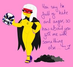 black_cape crystalized_(ninjago) duchess_pixal harumi_(ninjago) lego mask naked naked_female ninjago purple_eyes smile white_hair yellow_skin