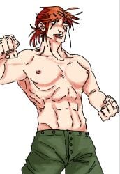 abs beefy beefy_girl blood bloody_nose evanmeshi female ginger ginger_hair girl_only green_eyes messy_hair muscles muscular muscular_female no_visible_genitalia only_female pants pants_on ponytail red_hair smile tied_hair white_skin