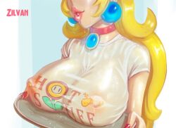 1girls big_breasts big_lips blonde_female blonde_hair breasts choker earrings erect_nipples erect_nipples_under_clothes female female_only lips lipstick long_hair mario_(series) nintendo nipple_bulge nipple_piercing nipples nipples_visible_through_clothing pink_lips pink_lipstick princess_peach see-through see-through_clothing solo solo_female thick_lips upper_body wet_clothes wet_shirt zilvan