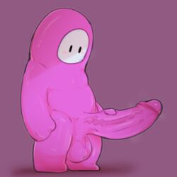 bi_blaco_(artist) fall_guy fall_guys gay hyper_penis looking_at_penis male_only pink_body pink_penis purple_background solo standing tagme touching_penis