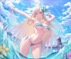 2022 2girls absurd_res asuna_(blue_archive) beach bikini black_hair blonde_hair blue_archive blue_bikini blue_eyes breasts brown_skin character_in_background chocolate_and_vanilla choney dark-skinned_female dark_skin detailed_background eyepatch_bikini female female_only hair_over_one_eye halo hips huge_breasts karin_(blue_archive) light-skinned_female light_skin long_hair looking_at_viewer outdoors ponytail slim_waist smile thick_thighs thighs very_long_hair wide_hips