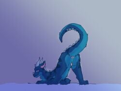 anthro anus ass blue_body blue_fur dragon fishstick567 fishstick_(character) fur furred_dragon genitals half-closed_eyes half-erect hi_res jack-o'_pose male narrowed_eyes penis pose presenting presenting_hindquarters slit solo