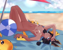 1girls beach beach_towel beach_umbrella beachball blunt_bangs bob_cut completely_nude dragalia_lost egyptian female female_focus female_only looking_at_viewer lying_down lying_on_back myutoeve nefaria one_eye_closed