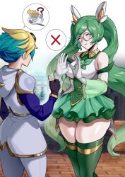 1boy 1girls aqua_hair armor b.sa_(bbbs) bare_shoulders bbbs black_gloves blonde_hair blurry blurry_background blush breasts brick brick_floor closed_eyes closed_mouth coffee cup elbow_gloves ezreal female fingerless_gloves fingernails flying_sweatdrops gem glasses gloves goggles goggles_on_head green_gemstone green_hair green_panties green_skirt green_thighhighs grey-framed_eyewear highres large_breasts league_of_legends long_hair multicolored_hair outdoors panties pauldrons pink_lips plate pointing rejection riot_games round_eyewear see-through shiny shiny_skin shoulder_armor skindentation skirt smile sona_buvelle spoken_x spoon standing star_guardian_ezreal star_guardian_series star_guardian_sona sweat sweatdrop thighhighs twintails underwear very_long_hair white_gloves