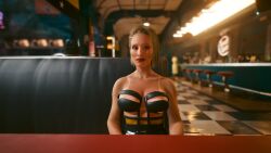 1girls 3d blonde_hair blue_eyes cd_projekt_red cleavage cybernetic cybernetics cyberpunk_2077 date diner eyeliner female female_only hung_s0l0 lipstick nipple_slip nipslip oc slight_smile solo tanline tanlines v_(cyberpunk_2077) valerie_(cyberpunk_2077) viletta_(hung_s0l0)