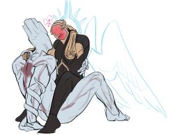 2boys angel angel_wings blush color colored faceless_male flustered gabriel_(ultrakill) gay hand_behind_neck hand_on_hip hand_on_shoulder hearts_around_head helmet male_only minos_prime_(ultrakill) prime_soul sitting size_difference straddling ultrakill vesicult yaoi