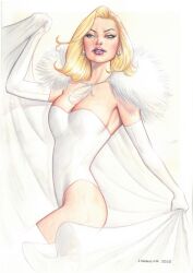 1girls blonde_female blonde_hair clothed earrings emma_frost female female_only jarbas_nogueira marvel marvel_comics pearl_earrings traditional_media_(artwork) white_clothing white_queen x-men