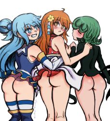 3girls aqua_(konosuba) ass ass_cheeks ass_focus blue_eyes blue_hair blue_hair_female bottomless bottomless_skirt commission crossover female female_only going_commando grabbing_from_behind green_hair green_hair_female groping groping_from_behind kono_subarashii_sekai_ni_shukufuku_wo! looking_back lordguyis microskirt miniskirt multiple_girls nami_(one_piece) no_panties no_panties_under_skirt one-punch_man one_piece orange_eyes orange_hair orange_hair_female tatsumaki wano_country white_background