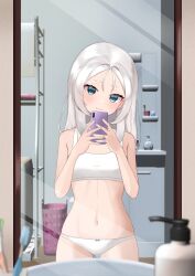 1girls belly_button blue_eyes kometa_virtual_live lazycoffee light-skinned_female light_skin midriff mirror mirror_selfie navel selfie underwear virgil_(kometa_virtual_live) virgil_(vtuber) virtual_youtuber white_bra white_hair white_panties white_underwear