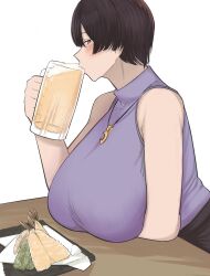 1girls alcohol alcoholic alcoholic_beverage alcoholic_drink arm_under_breasts bakunyuu bare_shoulders beer beer_foam beer_glass beer_mug black_hair black_skirt blank_background blouse blush blushing_at_viewer breasts breasts_on_table breasts_rest chichi8181 chichi_8181 cleavage cup drinking drinking_alcohol drinking_beer drinking_glass drunk enormous_breasts female_focus food from_side fully_clothed fuyuko hi_res high_resolution highres holding holding_drinking_glass holding_mug huge_breasts jewelry looking_at_viewer mug necklace no_sleeves_shirt original plain_background plate purple_shirt seafood shirt short_hair side_view simple_background sitting skirt sleeveless sleeveless_shirt solo solo_female top_heavy_breasts upper_body very_short_hair voluptuous voluptuous_female white_background