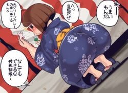 ass ass_in_dress big_ass big_butt bottom_heavy bubble_butt crouching minami_aomori mob_face mob_jk-chan mob_jk-chan_(minami_aomori) squatting text thong translation_request yukata モブjkちゃん モブjkちゃん(南森) 南森 南森_(剣_吉人)