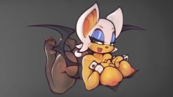 anthro big_breasts breasts chiropteran clothing digital_media_(artwork) female green_eyes hi_res legwear looking_back mammal nipples rouge_the_bat sega simple_background smile solo sonic_(series) spread_legs spreading sverhnovapony tights wings