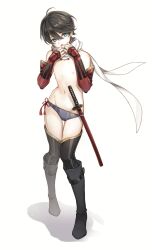 1boy bishonen black_hair blue_eyes boots crossdressing earrings femboy fylus girly gloves horikawa_kunihiro jewelry male_focus male_only navel nipples no_pants no_shirt open_mouth scarf sword tagme thighhighs touken_ranbu twink underwear weapon