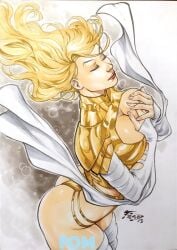 1girls armor blonde_female blonde_hair cape closed_eyes clothed ed_benes_studio emma_frost female female_only fred_benes golden_armor marvel marvel_comics traditional_media_(artwork) white_cape white_queen x-men