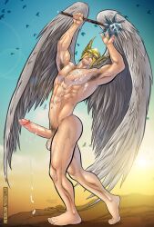 1male abs armpit_hair armpits arms_up big_penis carter_hall cum dc dc_comics erect_penis erection hawkman helmet mace male male_focus male_only muscular muscular_male nude patrick_fillion solo solo_male veiny_penis wings