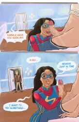 1boy1girl 1girls 2boys brown-skinned_female brown_skin bruno_carrelli caught_in_the_act cum dialogue english_text grabbing_penis hairy_balls hairy_male handjob iman_vellani interracial kamala_khan kamram licking_penis light-skinned_male marvel marvel_cinematic_universe mmf_threesome ms._marvel overflow overflowing_cum penis smile smiling_at_another speech_bubble superhero_costume superheroine surprised text the_marf veiny_penis whited_out