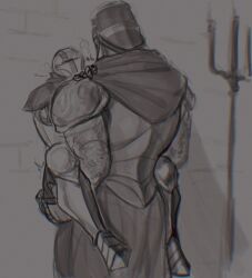 2boys against_wall armor ashen_one breath carrying_partner cathedral_knight clothed_sex dark_souls dark_souls_3 fromsoftware gay greyscale heavy_breathing helmet imlooking implied_anal knight male male_only monochrome sex yaoi