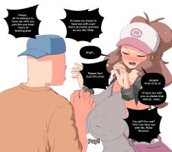 1boy 1girls begging begging_for_sex big_breasts brown_hair clothed desperate_for_sex desperation dialogue english_text female hilda_(pokemon) light-skinned_male light_skin male pokemon pokemon_bw sex_request short_shorts shorts simp speech_bubble text virgin_male woohyoot