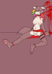 4_toes absurd_res anthro beastars blood blood_splatter bodily_fluids canid canine canis claws collar corpse crowskull cum cum_from_pussy cum_in_pussy cum_inside death feet female female_death genital_fluids gore hi_res juno_(beastars) leaking_cum mammal nipples pawpads simple_background snuff solo toe_claws toes wolf