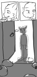 anthro comic condom cum feline filled_condom fur hakiahki korean_text male monochrome open_mouth simple_background solo text translation_request