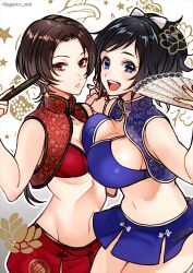 2girls adzuma_nishi asymmetrical_docking black_hair blue_eyes bow breast_press breasts chinese_clothes genderswap_(mtf) hand_fan holding_hands kashuu_kiyomitsu large_breasts looking_at_viewer midriff multiple_girls navel ponytail red_eyes rule_63 skirt small_breasts smile touken_ranbu yamato-no-kami_yasusada