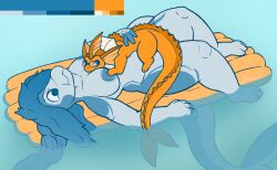 2023 anthro areola blue_areola blue_eyes blue_hair blue_sclera blue_tail breasts cetacean cuddling dated digital_drawing_(artwork) digital_media_(artwork) eeveelution eyelashes eyewear face_between_breasts feral generation_1_pokemon glasses hair impishhyena mammal marine markings multicolored_body nintendo orange_body orange_tail paws pokemon pokemon_(species) tail tail_underwater two_tone_body two_tone_tail vaporeon water white_body white_eyes