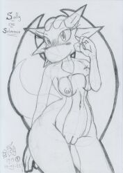 2022 anthro blush bodily_fluids breast_squish breasts dragon female genital_fluids genitals graphite_(artwork) looking_at_viewer lunaris_parukia medium_breasts navel nintendo nipples nude pokémon_(species) pokémorph pokemon pussy pussy_juice salamence sally_(lunaris_parukia) solo squish traditional_media_(artwork) video_games