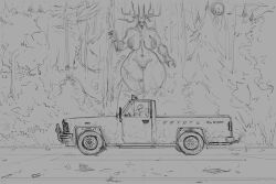 1boy 1girls big_breasts boysa_228 breasts exhibitionism female female_focus forest giantess horror_(theme) monster monster_girl night north_american_mythology pickup_truck sketch thick_thighs vehicle wendigo wide_hips