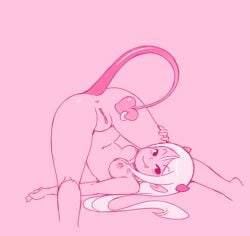 2022 anus areola ass blush breasts demon demon_humanoid female furgonomics furry-specific_piercing genitals hair horn humanoid long_hair looking_at_viewer miu monochrome navel nipples not_furry nude piercing pink_theme pussy simple_background solo spade_tail tail_piercing