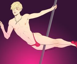 1boy blonde_hair bulge femboy feminization golden_eyes high_heels hot_pink james_harden_williams_(oc) original pale_skin piercing pinklop playful pole_dancing smug stubble thin_male thong