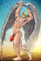 1male abs armpit_hair armpits arms_up carter_hall dc dc_comics hawkman helmet mace male male_focus male_only muscular muscular_male patrick_fillion solo solo_male thong wings