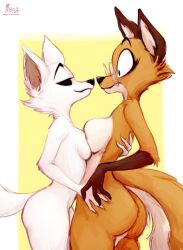 anthro arctic_fox ass blush breast_squish breasts canid canine canis chloe_(animatedmau) chromaticmood closed_eyes digital_media_(artwork) duo embrace eyewear female female/female fennec fox glasses hands_on_back hi_res looking_at_another mammal nipples nude other_side rey_(animatedmau) smile squish standing yuri