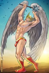 1male abs armpit_hair armpits arms_up boots carter_hall dc dc_comics hawkman helmet mace male male_focus male_only muscular muscular_male patrick_fillion solo solo_male underwear wings