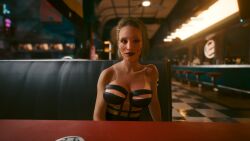 1girls 3d blonde_hair blue_eyes cd_projekt_red cleavage cybernetic cybernetics cyberpunk_2077 date diner eyeliner female female_only hung_s0l0 lipstick nipple_slip nipslip oc slight_smile solo tanline tanlines v_(cyberpunk_2077) valerie_(cyberpunk_2077) viletta_(hung_s0l0)