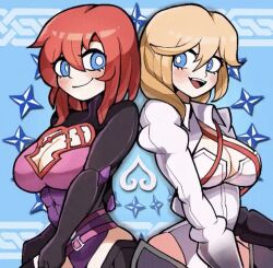 2girls artist_request blonde_hair blue_eyes blush cleavage clothed clothed_female kairi kingdom_hearts latex leotard namine red_hair safe_for_work sfw short_blonde_hair short_hair short_red_hair smile square_enix thighhighs unknown_artist