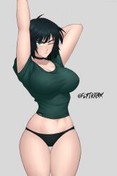 1girls arm_behind_head arms_up bangs belly belly_button big_breasts blush bob_cut breasts busty choker curvaceous curvy curvy_body curvy_female curvy_figure dark_green_hair eye_contact eyelashes female female_focus female_only flytrapxx fringe front_view fubuki_(one-punch_man) green_eyes green_hair green_shirt grey_background groin heroine hips hourglass_figure large_breasts legs light-skinned_female light_skin lips lipstick looking_at_viewer medium_hair messy_hair midriff navel no_pants one-punch_man one_eye_closed panties shiny_skin shirt short_hair slim slim_waist solo solo_female solo_focus standing stomach thick_legs thick_thighs thigh_gap thighs thin_waist tight_clothing tight_shirt toned toned_body toned_female toned_stomach underwear voluptuous waist wide_hips