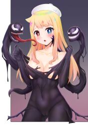 1girls 2022 artist_name blonde_hair blush breasts cameltoe crossover datew.project female hat heterochromia long_hair marvel marvel_comics medium_breasts original original_character pussy slime symbiote tongue venom venom_(marvel) w_(datew.project) w_verne