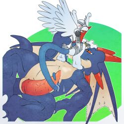 anthro argon_vile bandai_namco big_penis bodily_fluids cloacal_penis coredramon_(blue) cum digimon digimon_(species) dragon duo erection fellatio gargoylemon genital_fluids genitals hi_res male male/male oral penile penis sex size_difference wings