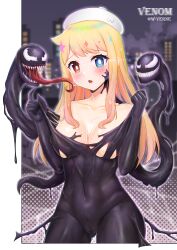 1girls 2022 artist_name blonde_hair blush breasts cameltoe city crossover datew.project female hat heterochromia long_hair marvel marvel_comics medium_breasts original original_character pussy slime symbiote tongue venom venom_(marvel) w_(datew.project) w_verne