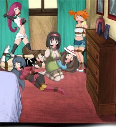 6girls arms_tied_behind_back ball_gag bedroom bondage bound bound_ankles bound_arms bound_legs bound_wrists breasts clothed erika_(pokemon) female female_only femsub fully_clothed gag gagged green_(pokemon) jessie_(pokemon) kasumi_(pokemon) kneeling leaf_(pokemon) multiple_girls multiple_subs poke_ball_gag pokemon restrained sabrina_(pokemon) tied_up