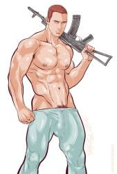 1boy abs big_penis bulge gun jake_muller male male_focus male_only muscular muscular_male pants_only patrick_fillion resident_evil solo solo_male