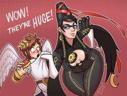 1boy 1girls 2015 bayonetta bayonetta_(character) black_hair bodysuit brown_hair cobatsart crossover dot_pupils fully_clothed grabbed grabbing hips kid_icarus kid_icarus_uprising nintendo pit pit_(kid_icarus) shocked_expression super_smash_bros. super_smash_bros._for_nintendo_3ds_and_wii_u tagme turquoise_eyes wide_eyed