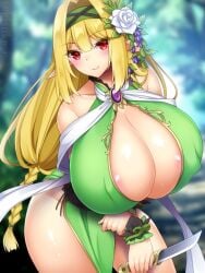 areola_slip blonde_hair cleavage curvy elf elf_ears forest gigantic_breasts hair_ornament huge_breasts immoral_advent_devilcarnival knife long_hair looking_at_viewer outdoor pointy_ears skimpy_clothes smiling thick_thighs