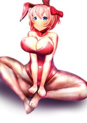 blue_eyes bow bunny_ear bunny_ears bunny_girl bunnysuit doki_doki_literature_club just_sayori legs_crossed natsuwatch_(artist) orange_hair red_bow red_bunny_ears red_bunnysuit sayori_(doki_doki_literature_club) sitting smiling smiling_at_viewer