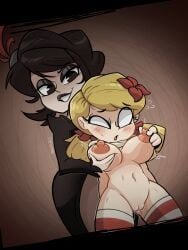 2girls ahe_gao artist_name big_breasts black_hair blonde_hair blush charlie_(don't_starve) don't_starve don't_starve_together dont_starve dont_starve_together drawmatt erect_nipples from_behind groping groping_from_behind hair_ornament hi_res klei_entertainment large_breasts lesbian looking_pleasured multiple_girls nipples open_mouth partially_clothed pinching_nipples pussy_juice shaved_pussy shirt_lift simple_background size_difference smile socks standing sweat thick_thighs wendy_(don't_starve) white_eyes yuri